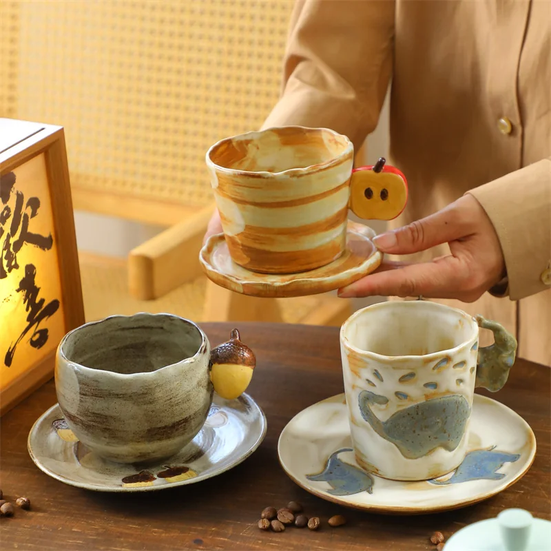 Hand Painted Ceramic Coffee Cup and Saucer Irregular Rim Sculpted Mug Artisan Glaze Drinkware for Cafe Table